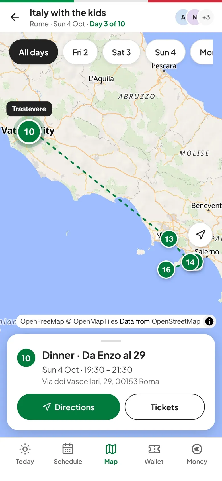 Map screen: numbered stops joined by a dashed route, with a day filter at the top