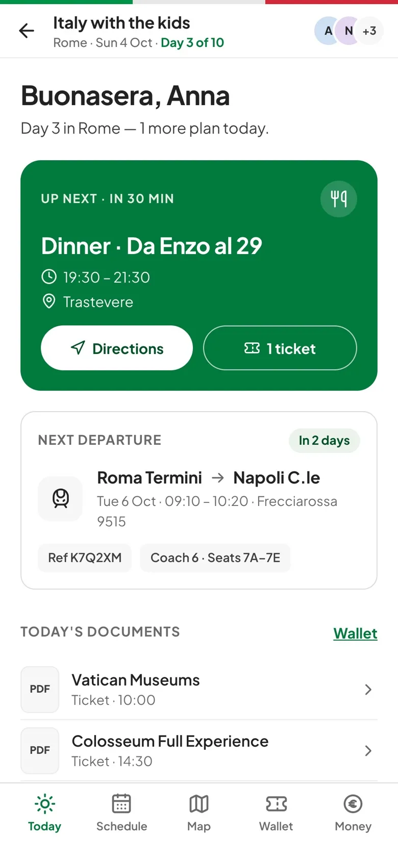 Today screen: the next plan with directions and its ticket, the next train and today’s documents