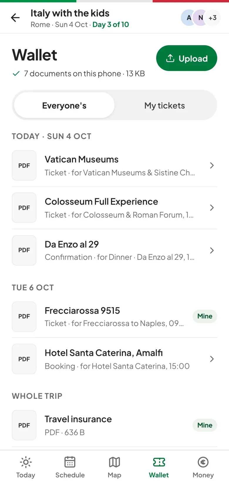Wallet screen: tickets and bookings grouped by day, saved on this phone